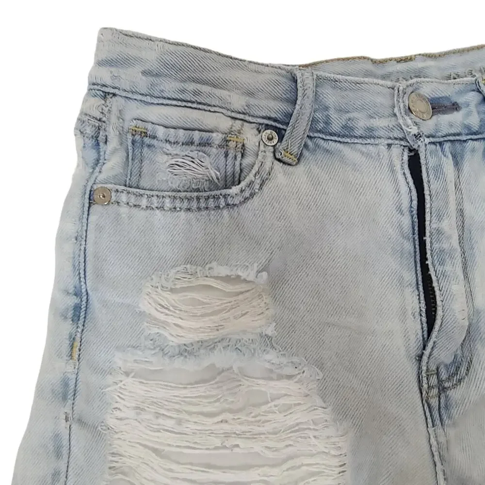 American Eagle Jean Shorts Women SZ 0 Mom Denim Blue Distressed Cut Off Festival